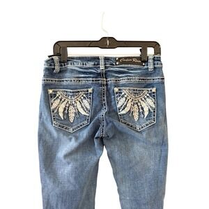 Cedar Rose Womens Blue Bootcut Jeans Feather Embroidered Pockets Size 28 Tall